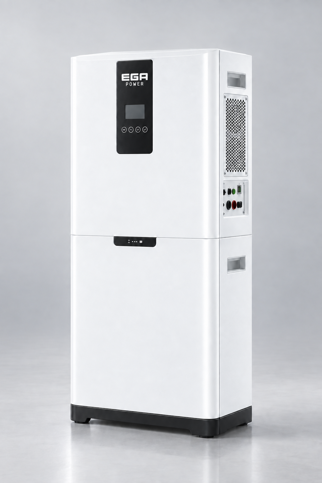White EGA Power floor-standing modular solar system with the inverter above a stackable battery module