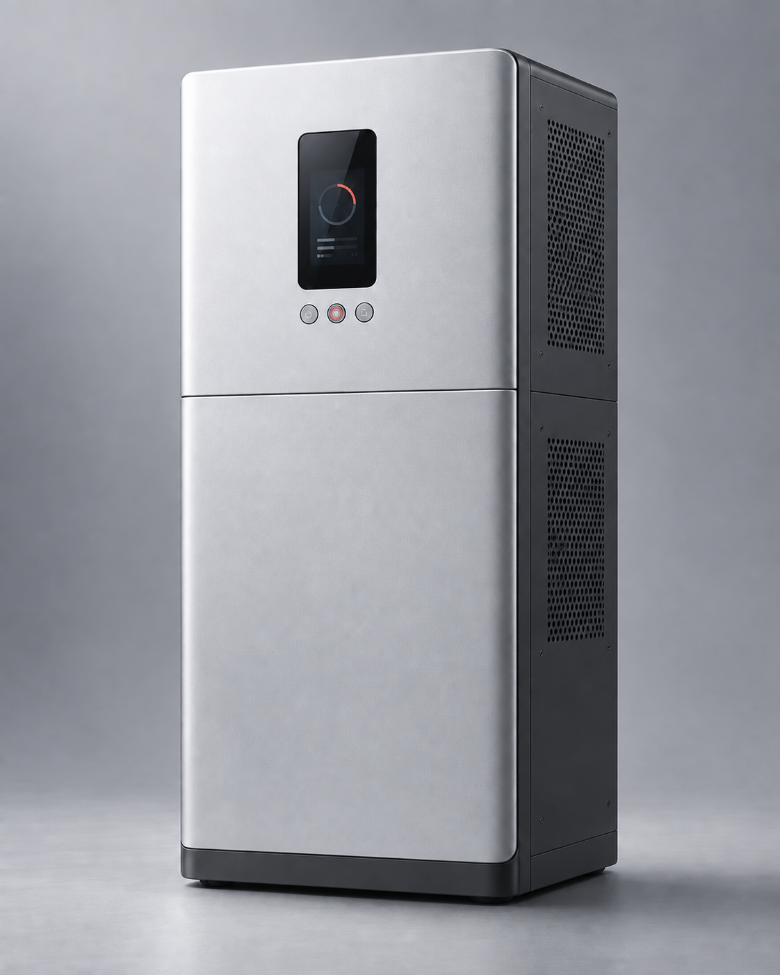 Silver and graphite floor-standing modular solar system with the inverter above stacked battery modules